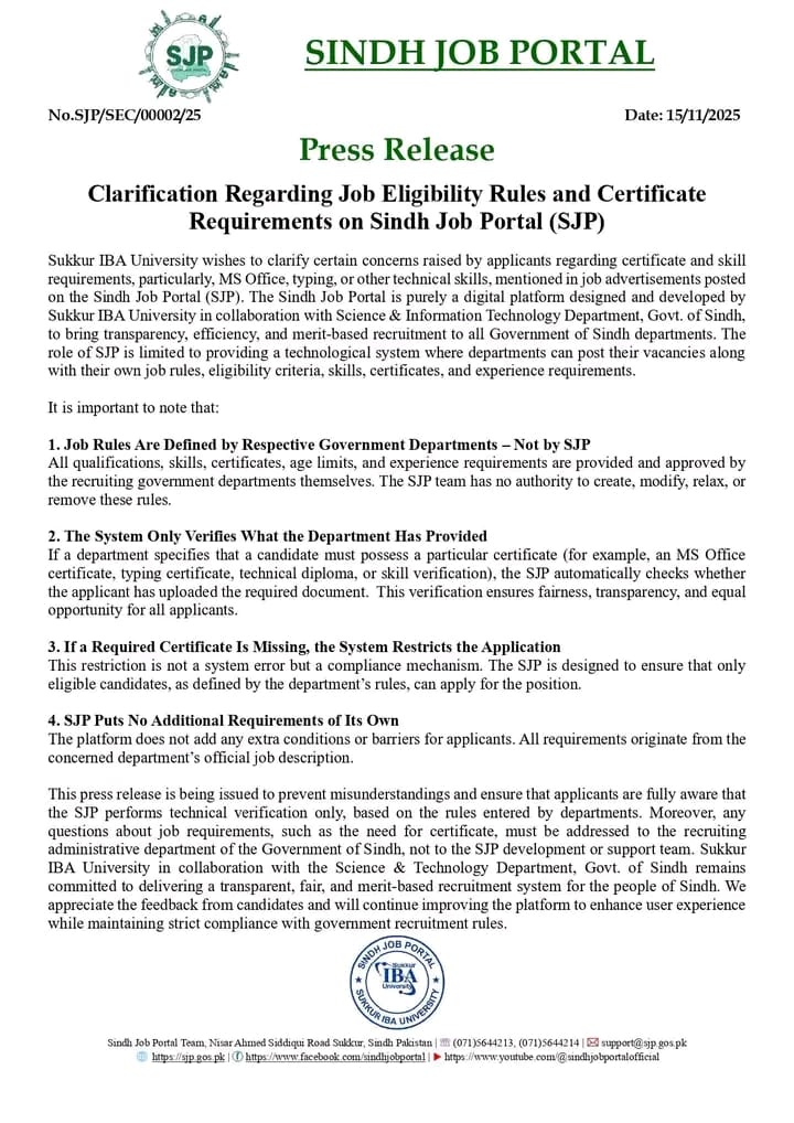 SJP Clarifies Job Eligibility and Certificate Rules