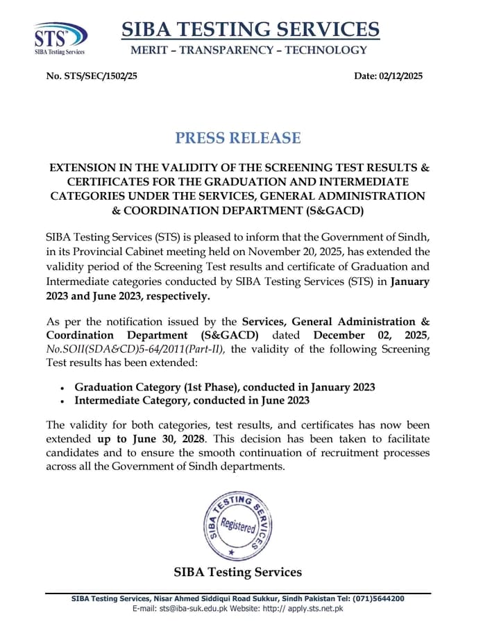 Latest Update Validity Extension for STS Graduation & Intermediate Test Certificates