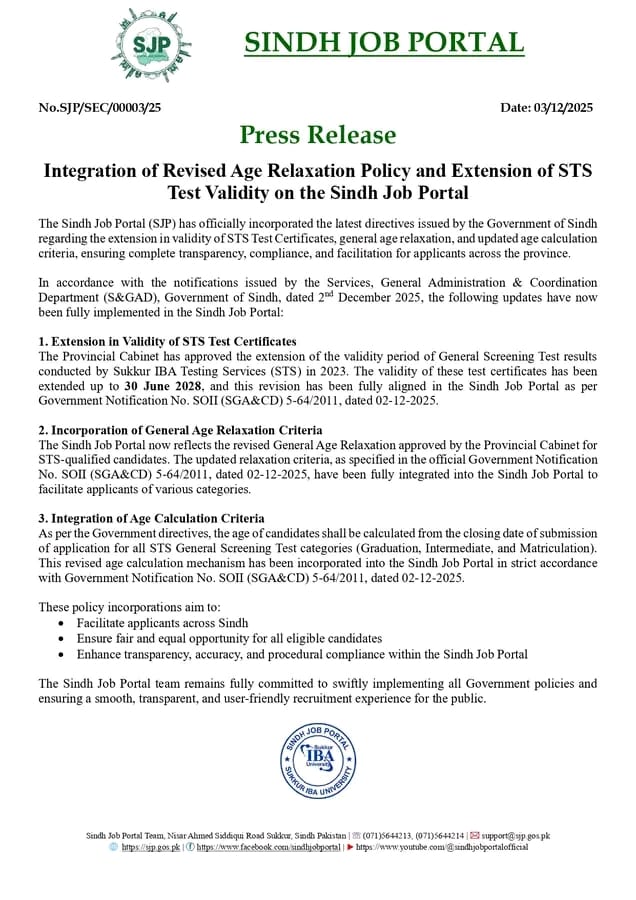 Sindh Job Portal Updates Age Relaxation and STS Test Validity
