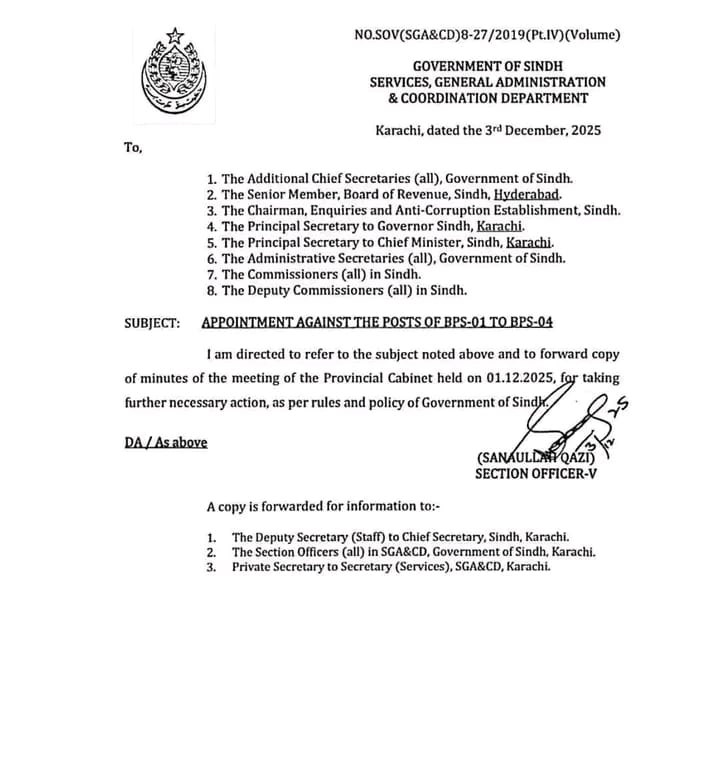 Sindh Government Lifts Ban on BPS-01 to BPS-04 Appointments
