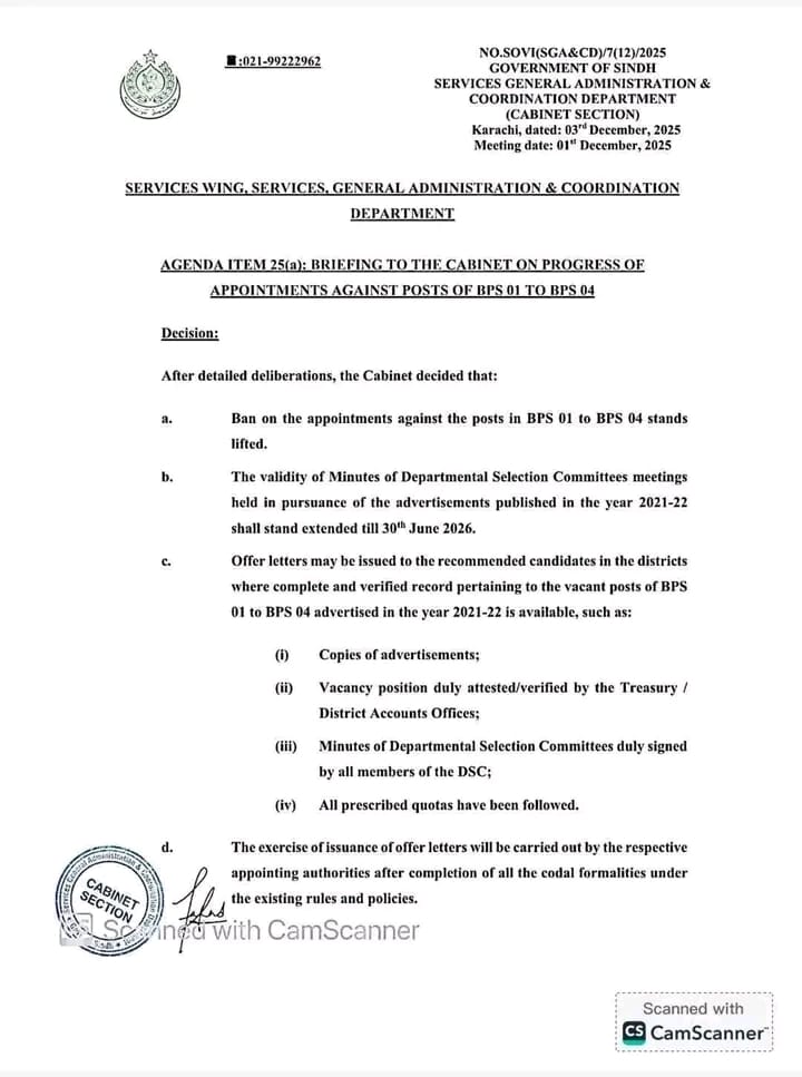 Sindh Government Lifts Ban on BPS-01 to BPS-04 Appointments